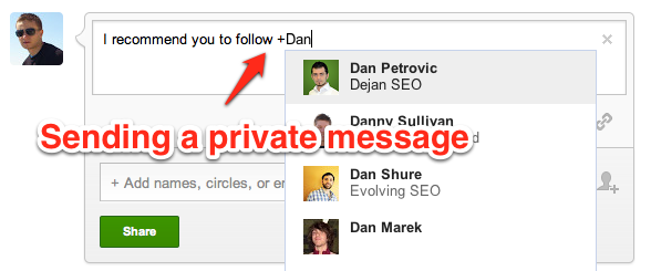 sending a Private message on Google plus